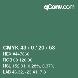 颜色代码: CMYK 43 / 0 / 20 / 53 | qconv.com