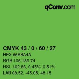 カラーコード: CMYK 43 / 0 / 60 / 27 | qconv.com
