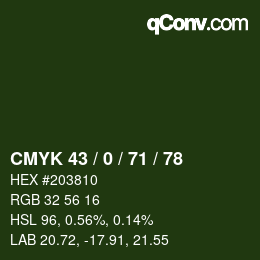 Farbcode: CMYK 43 / 0 / 71 / 78 | qconv.com