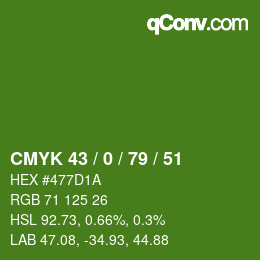 Color code: CMYK 43 / 0 / 79 / 51 | qconv.com