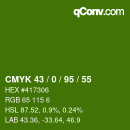 颜色代码: CMYK 43 / 0 / 95 / 55 | qconv.com