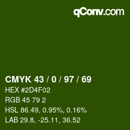 颜色代码: CMYK 43 / 0 / 97 / 69 | qconv.com