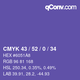 Farbcode: CMYK 43 / 52 / 0 / 34 | qconv.com