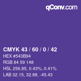 Farbcode: CMYK 43 / 60 / 0 / 42 | qconv.com