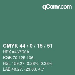 Color code: CMYK 44 / 0 / 15 / 51 | qconv.com