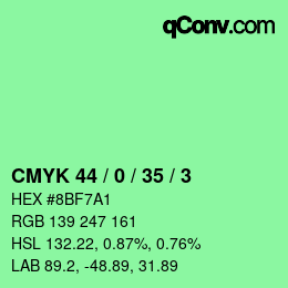 カラーコード: CMYK 44 / 0 / 35 / 3 | qconv.com