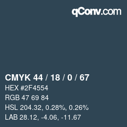 Farbcode: CMYK 44 / 18 / 0 / 67 | qconv.com