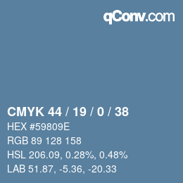 カラーコード: CMYK 44 / 19 / 0 / 38 | qconv.com