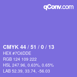 Code couleur: CMYK 44 / 51 / 0 / 13 | qconv.com