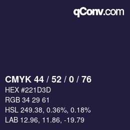 Farbcode: CMYK 44 / 52 / 0 / 76 | qconv.com