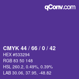 カラーコード: CMYK 44 / 66 / 0 / 42 | qconv.com