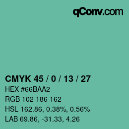 カラーコード: CMYK 45 / 0 / 13 / 27 | qconv.com