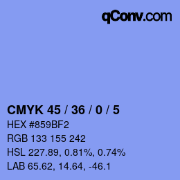 カラーコード: CMYK 45 / 36 / 0 / 5 | qconv.com