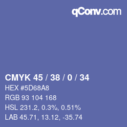 カラーコード: CMYK 45 / 38 / 0 / 34 | qconv.com