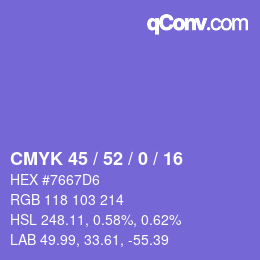 カラーコード: CMYK 45 / 52 / 0 / 16 | qconv.com