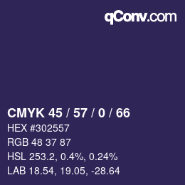 Code couleur: CMYK 45 / 57 / 0 / 66 | qconv.com