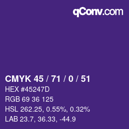 Farbcode: CMYK 45 / 71 / 0 / 51 | qconv.com