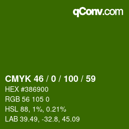 カラーコード: CMYK 46 / 0 / 100 / 59 | qconv.com