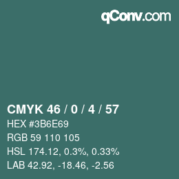 Code couleur: CMYK 46 / 0 / 4 / 57 | qconv.com