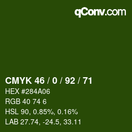Color code: CMYK 46 / 0 / 92 / 71 | qconv.com
