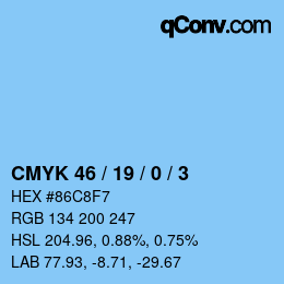 カラーコード: CMYK 46 / 19 / 0 / 3 | qconv.com