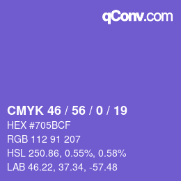 Farbcode: CMYK 46 / 56 / 0 / 19 | qconv.com