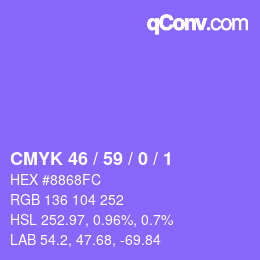 カラーコード: CMYK 46 / 59 / 0 / 1 | qconv.com
