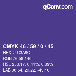 カラーコード: CMYK 46 / 59 / 0 / 45 | qconv.com