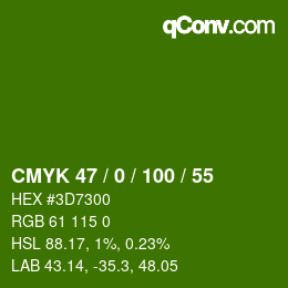 颜色代码: CMYK 47 / 0 / 100 / 55 | qconv.com