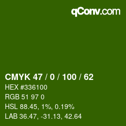 颜色代码: CMYK 47 / 0 / 100 / 62 | qconv.com