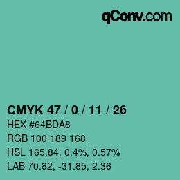 Color code: CMYK 47 / 0 / 11 / 26 | qconv.com