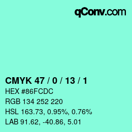 カラーコード: CMYK 47 / 0 / 13 / 1 | qconv.com