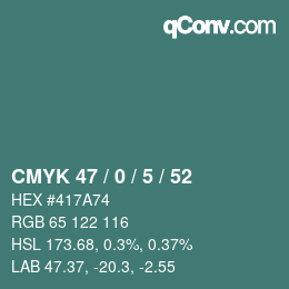 カラーコード: CMYK 47 / 0 / 5 / 52 | qconv.com