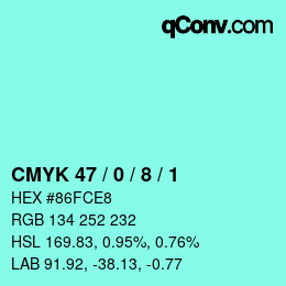 カラーコード: CMYK 47 / 0 / 8 / 1 | qconv.com