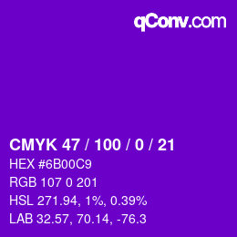 颜色代码: CMYK 47 / 100 / 0 / 21 | qconv.com