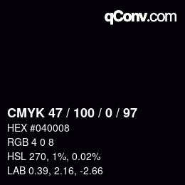 カラーコード: CMYK 47 / 100 / 0 / 97 | qconv.com
