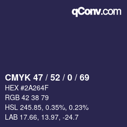 Color code: CMYK 47 / 52 / 0 / 69 | qconv.com