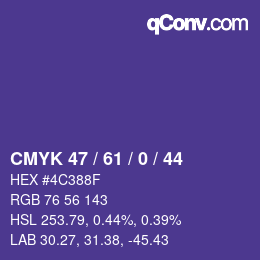 Color code: CMYK 47 / 61 / 0 / 44 | qconv.com