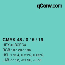 Color code: CMYK 48 / 0 / 5 / 19 | qconv.com