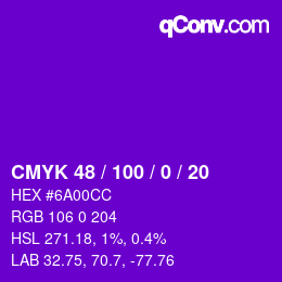 颜色代码: CMYK 48 / 100 / 0 / 20 | qconv.com