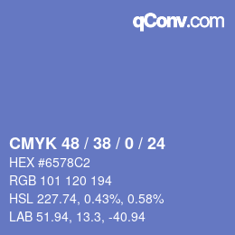 Code couleur: CMYK 48 / 38 / 0 / 24 | qconv.com