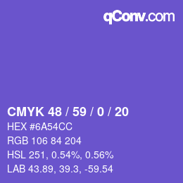 カラーコード: CMYK 48 / 59 / 0 / 20 | qconv.com