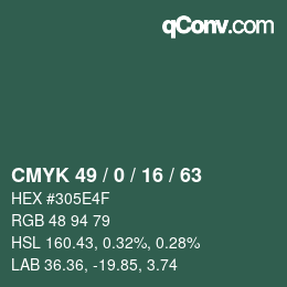 Code couleur: CMYK 49 / 0 / 16 / 63 | qconv.com