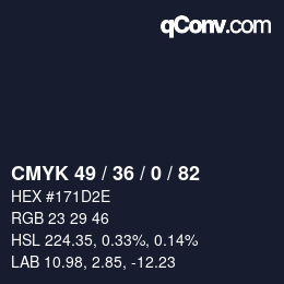 Code couleur: CMYK 49 / 36 / 0 / 82 | qconv.com