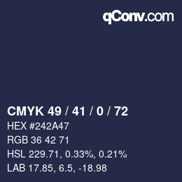 Color code: CMYK 49 / 41 / 0 / 72 | qconv.com