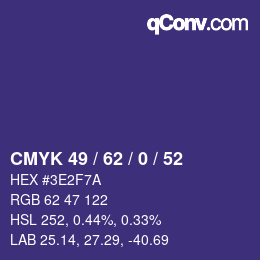 Farbcode: CMYK 49 / 62 / 0 / 52 | qconv.com