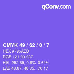 Code couleur: CMYK 49 / 62 / 0 / 7 | qconv.com