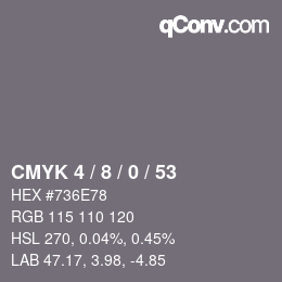 カラーコード: CMYK 4 / 8 / 0 / 53 | qconv.com