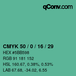 Color code: CMYK 50 / 0 / 16 / 29 | qconv.com