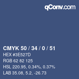 Farbcode: CMYK 50 / 34 / 0 / 51 | qconv.com